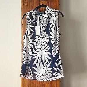 NWT Southern Frock ruffled neck pineapple navy white blouse sz XL